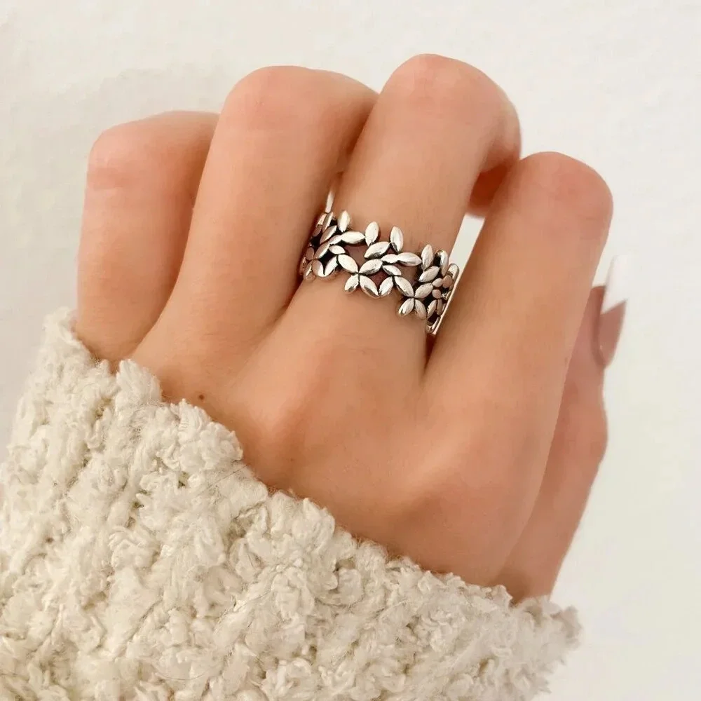 925 Sterling Silver Flower Ring Geometric Ring Leaf Ring Silver Chunky Ring